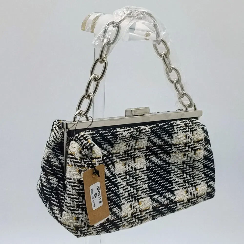 Tweed plaid hard case clutch